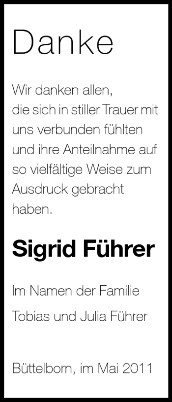 Traueranzeige von Sigrid Führer von Rüsselsheimer Echo, Groß-Gerauer-Echo, Ried Echo