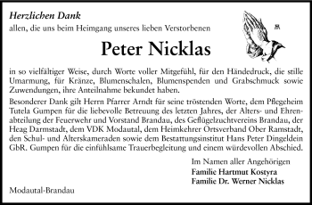 Traueranzeige von Peter Nicklas von Echo-Zeitungen (Gesamtausgabe)