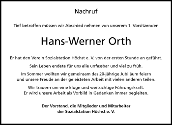 Traueranzeige von Hans-Werner Orth von Odenwälder Echo