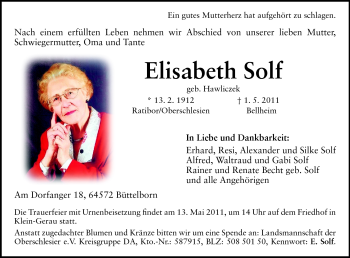 Traueranzeige von Elisabeth Solf von Darmstädter Echo, Odenwälder Echo, Rüsselsheimer Echo, Groß-Gerauer-Echo, Ried Echo