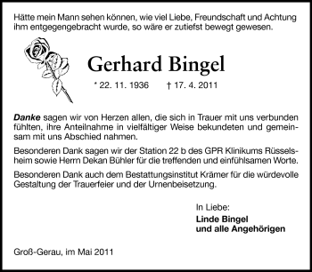 Traueranzeige von Gerhard Bingel von Rüsselsheimer Echo, Groß-Gerauer-Echo, Ried Echo