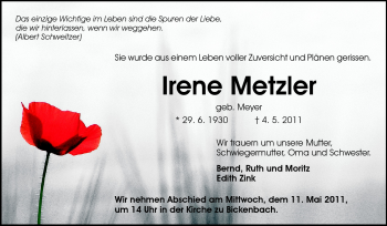 Traueranzeige von Irene Metzler von Echo-Zeitungen (Gesamtausgabe)