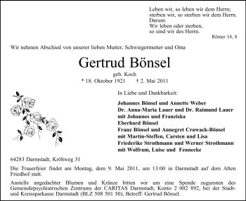 Traueranzeige von Gertrud Bönsel von Echo-Zeitungen (Gesamtausgabe)