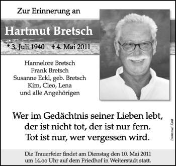 Traueranzeige von Hartmut Bretsch von Echo-Zeitungen (Gesamtausgabe)