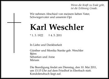 Traueranzeige von Karl Weschler von Odenwälder Echo