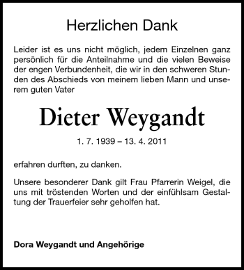 Traueranzeige von Dieter Weygandt von Echo-Zeitungen (Gesamtausgabe)