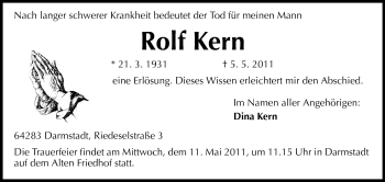 Traueranzeige von Rolf Kern von Darmstädter Echo, Odenwälder Echo, Rüsselsheimer Echo, Groß-Gerauer-Echo, Ried Echo