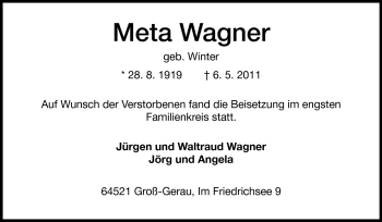 Traueranzeige von Meta Wagner von Rüsselsheimer Echo, Groß-Gerauer-Echo, Ried Echo