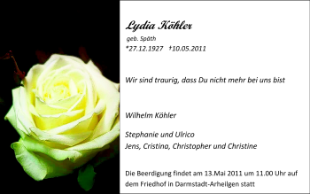 Traueranzeige von Lydia Köhler von Echo-Zeitungen (Gesamtausgabe)