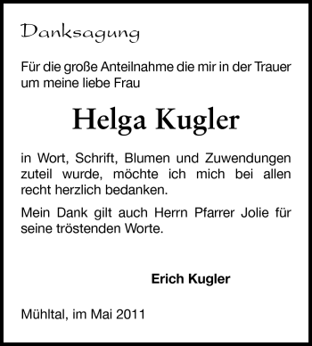 Traueranzeige von Helga Kugler von Echo-Zeitungen (Gesamtausgabe)