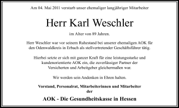 Traueranzeige von Karl Weschler von Odenwälder Echo