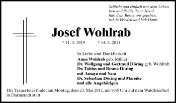 Traueranzeige von Josef Wohlrab von Darmstädter Echo, Odenwälder Echo, Rüsselsheimer Echo, Groß-Gerauer-Echo, Ried Echo