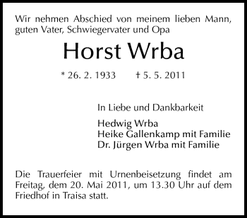 Traueranzeige von Horst Wrba von Echo-Zeitungen (Gesamtausgabe)