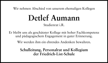 Traueranzeige von Detlef Aumann von Echo-Zeitungen (Gesamtausgabe)