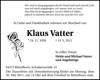 Traueranzeige von Klaus Vatter von Rüsselsheimer Echo, Groß-Gerauer-Echo, Ried Echo