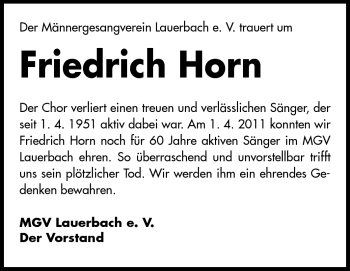 Traueranzeige von Friedrich Horn  von Odenwälder Echo