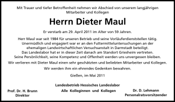 Traueranzeige von Dieter Maul von Rüsselsheimer Echo, Groß-Gerauer-Echo, Ried Echo