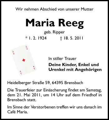 Traueranzeige von Maria Reeg von Echo-Zeitungen (Gesamtausgabe)