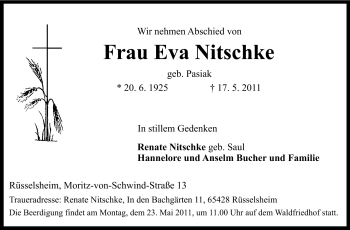Traueranzeige von Eva Nitschke von Rüsselsheimer Echo, Groß-Gerauer-Echo, Ried Echo