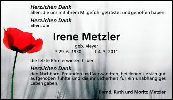 Traueranzeige von Irene Metzler von Echo-Zeitungen (Gesamtausgabe)
