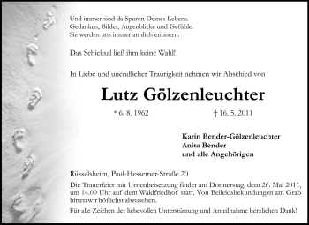 Traueranzeige von Lutz Gölzenleuchter von Rüsselsheimer Echo, Groß-Gerauer-Echo, Ried Echo