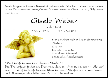 Traueranzeige von Gisela Weber von Rüsselsheimer Echo, Groß-Gerauer-Echo, Ried Echo