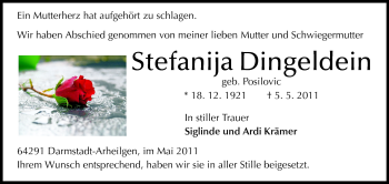 Traueranzeige von Stefanija Dingeldein von Echo-Zeitungen (Gesamtausgabe)