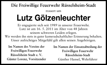 Traueranzeige von Lutz Gölzenleuchter von Rüsselsheimer Echo, Groß-Gerauer-Echo, Ried Echo
