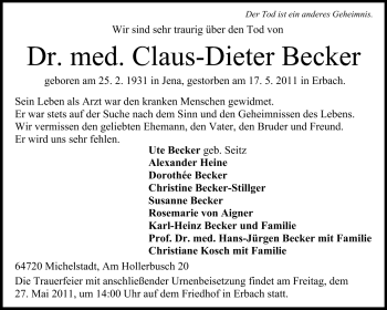 Traueranzeige von Claus-Dieter Becker von Odenwälder Echo