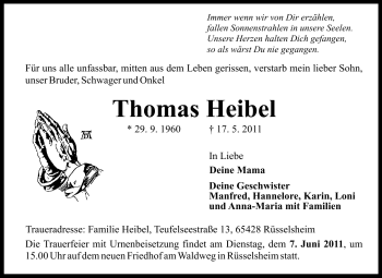 Traueranzeige von Thomas Heibel von Rüsselsheimer Echo, Groß-Gerauer-Echo, Ried Echo