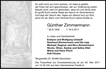 Traueranzeige von Günther Zimmermann von Rüsselsheimer Echo, Groß-Gerauer-Echo, Ried Echo