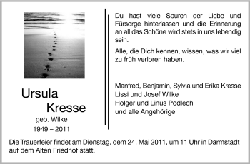 Traueranzeige von Ursula Kresse von Darmstädter Echo, Odenwälder Echo, Rüsselsheimer Echo, Groß-Gerauer-Echo, Ried Echo