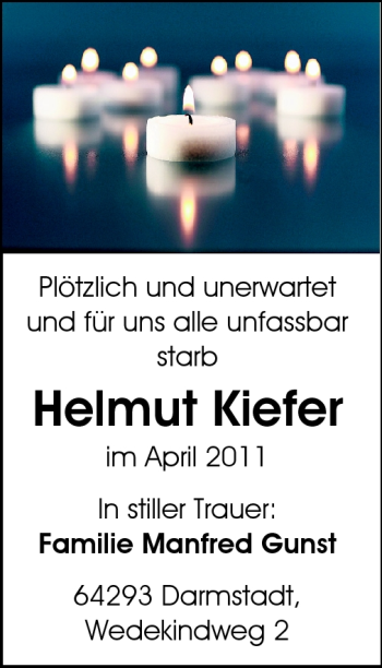 Traueranzeige von Helmut Kiefer von Echo-Zeitungen (Gesamtausgabe)