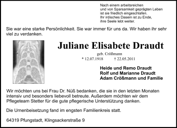 Traueranzeige von Juliane Elisabete Draudt von Echo-Zeitungen (Gesamtausgabe)