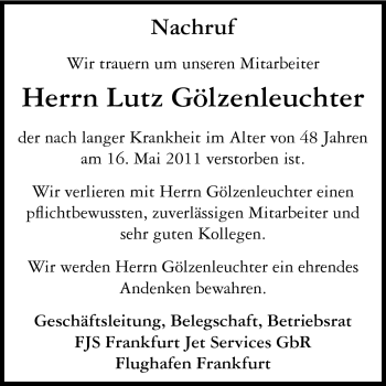 Traueranzeige von Lutz Gölzenleuchter von Rüsselsheimer Echo, Groß-Gerauer-Echo, Ried Echo