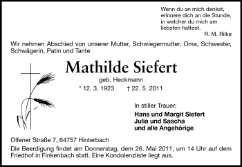 Traueranzeige von Mathilde Siefert von Odenwälder Echo