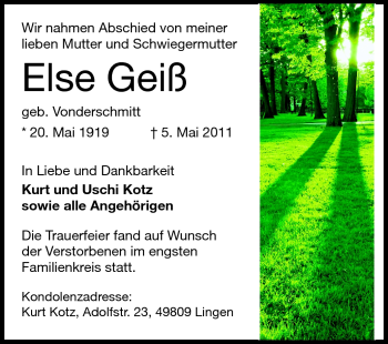 Traueranzeige von Else Geiss von Echo-Zeitungen (Gesamtausgabe)