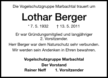 Traueranzeige von Lothar Berger  von Odenwälder Echo