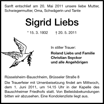 Traueranzeige von Sigrid Liebs von Rüsselsheimer Echo, Groß-Gerauer-Echo, Ried Echo