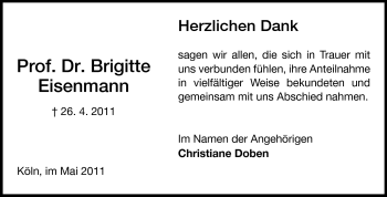 Traueranzeige von Brigitte Eisenmann von Darmstädter Echo, Odenwälder Echo, Rüsselsheimer Echo, Groß-Gerauer-Echo, Ried Echo