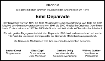 Traueranzeige von Emil Deparade von Starkenburger Echo