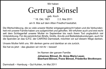 Traueranzeige von Gertrud Bönsel von Echo-Zeitungen (Gesamtausgabe)