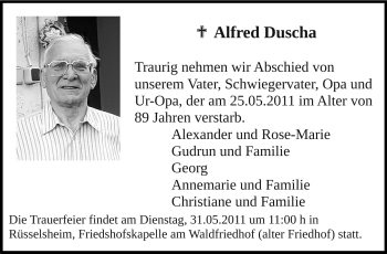 Traueranzeige von Alfred Duscha von Rüsselsheimer Echo, Groß-Gerauer-Echo, Ried Echo