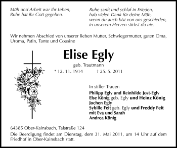 Traueranzeige von Elise Egly von Odenwälder Echo