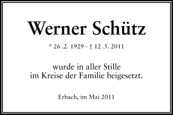 Traueranzeige von Werner Schütz von Odenwälder Echo
