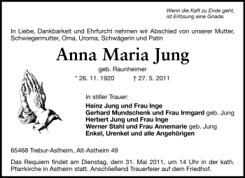 Traueranzeige von Anna Maria Jung von Rüsselsheimer Echo, Groß-Gerauer-Echo, Ried Echo