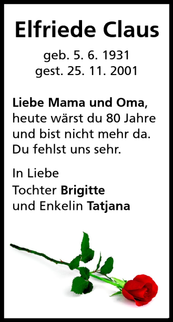 Traueranzeige von Elfriede Claus von Rüsselsheimer Echo, Groß-Gerauer-Echo, Ried Echo