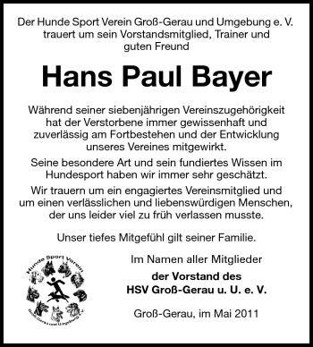 Traueranzeige von Hans Paul Bayer von Rüsselsheimer Echo, Groß-Gerauer-Echo, Ried Echo