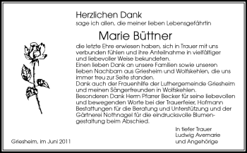 Traueranzeige von Marie Büttner von Darmstädter Echo, Odenwälder Echo, Rüsselsheimer Echo, Groß-Gerauer-Echo, Ried Echo