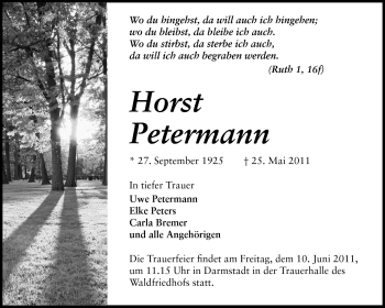 Traueranzeige von Horst Petermann von Darmstädter Echo, Odenwälder Echo, Rüsselsheimer Echo, Groß-Gerauer-Echo, Ried Echo